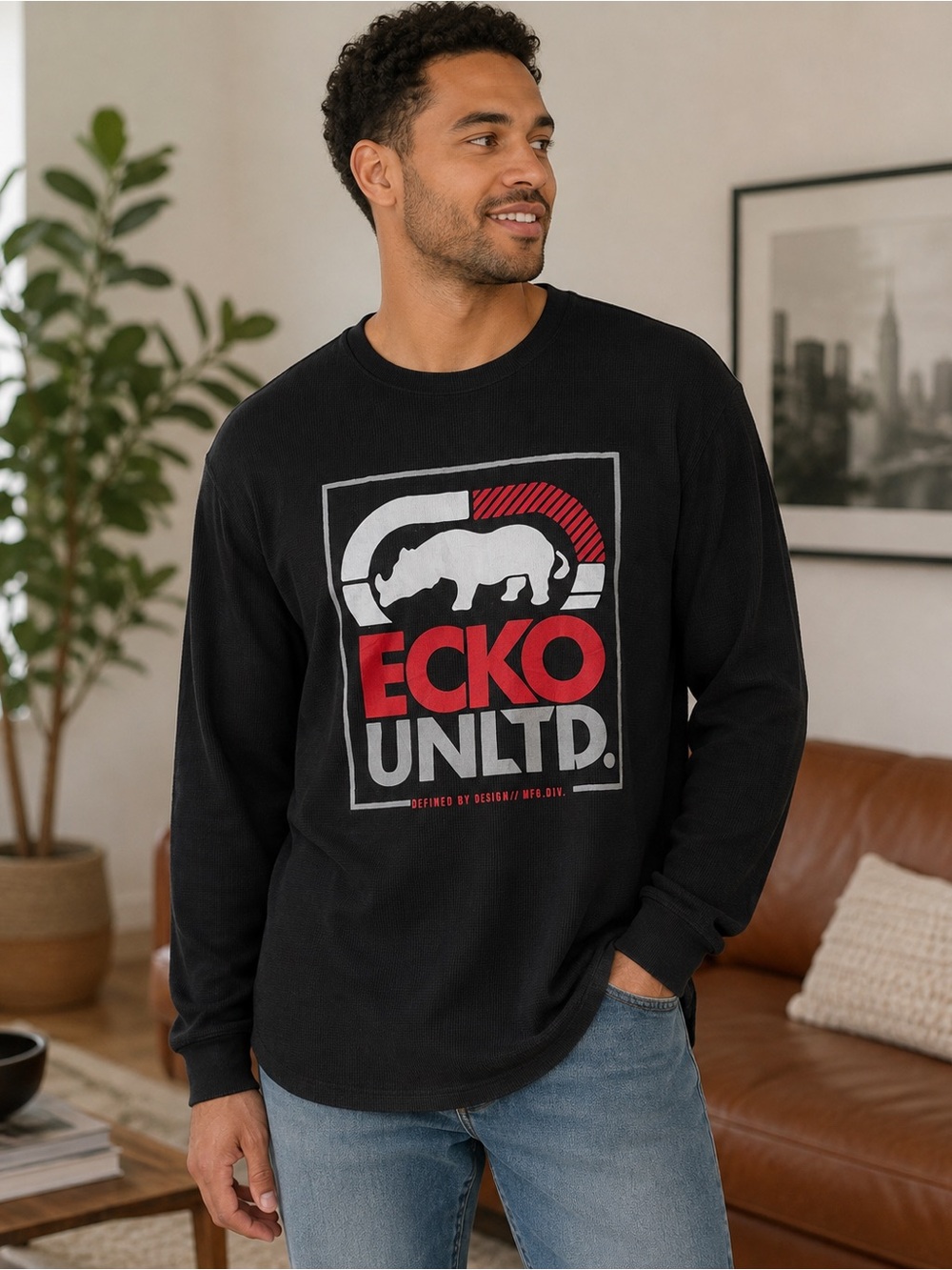 Ecko Unltd Black Logo Thermal Waffle Knit Long Sleeve Shirt Men’s 2XL